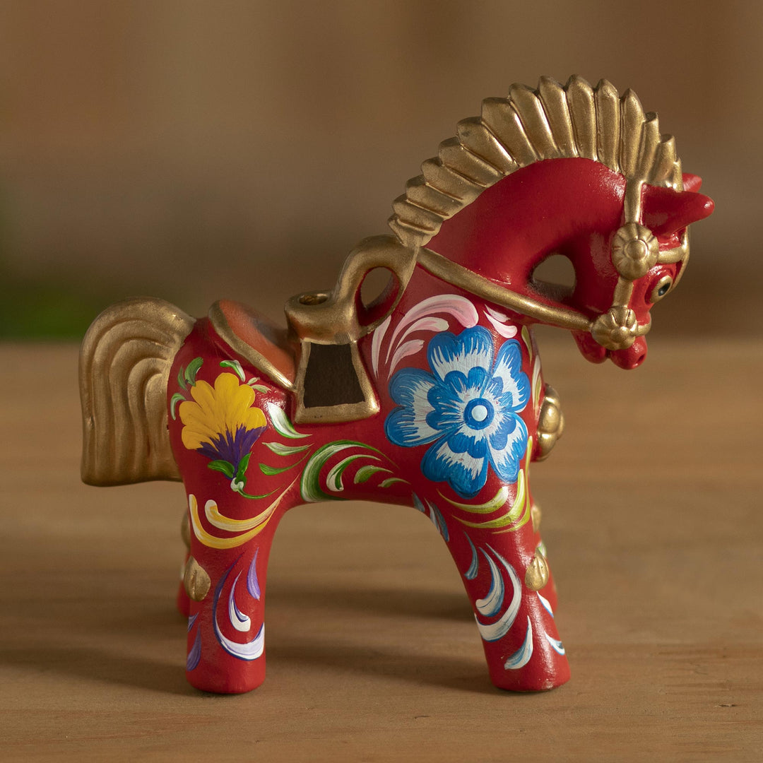 Hand Painted Ceramic Pucara Horse Figurine from Peru - Red Pucara Horse