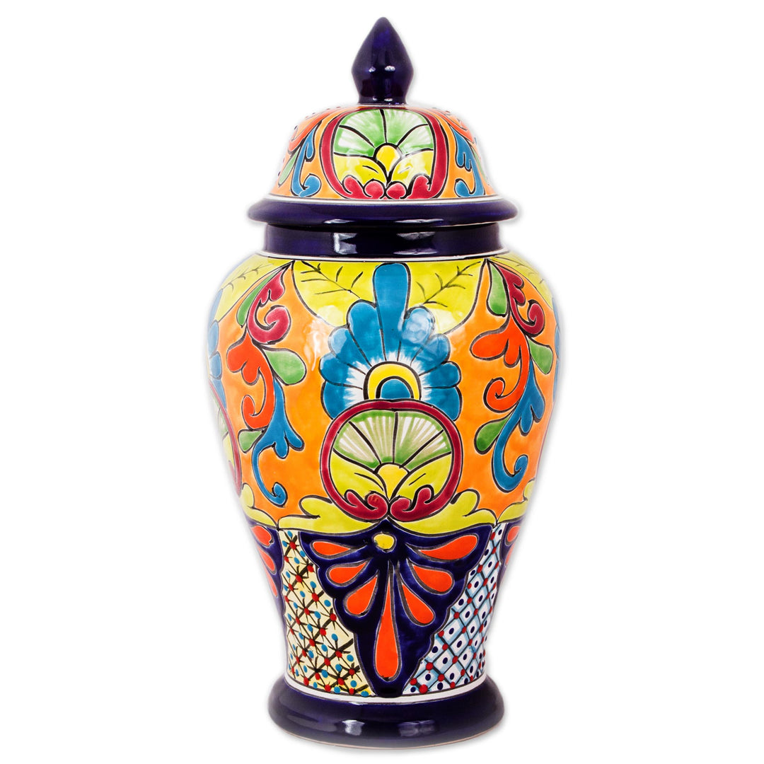 Hand-Painted Talavera-Style Ceramic Urn from Mexico - Mediterranean Beauty