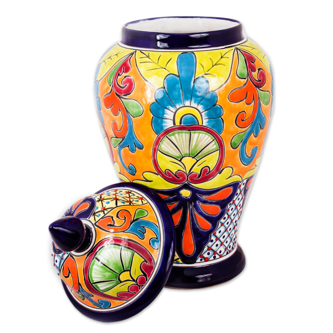 Hand-Painted Talavera-Style Ceramic Urn from Mexico - Mediterranean Beauty