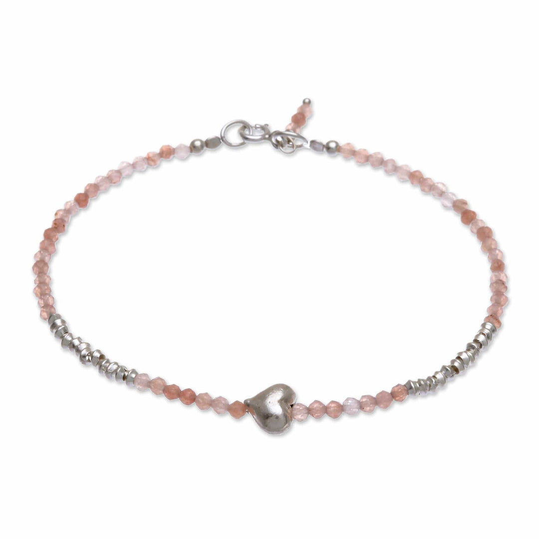 Sunstone and Silver Beaded Heart Bracelet - Love Language in Pink