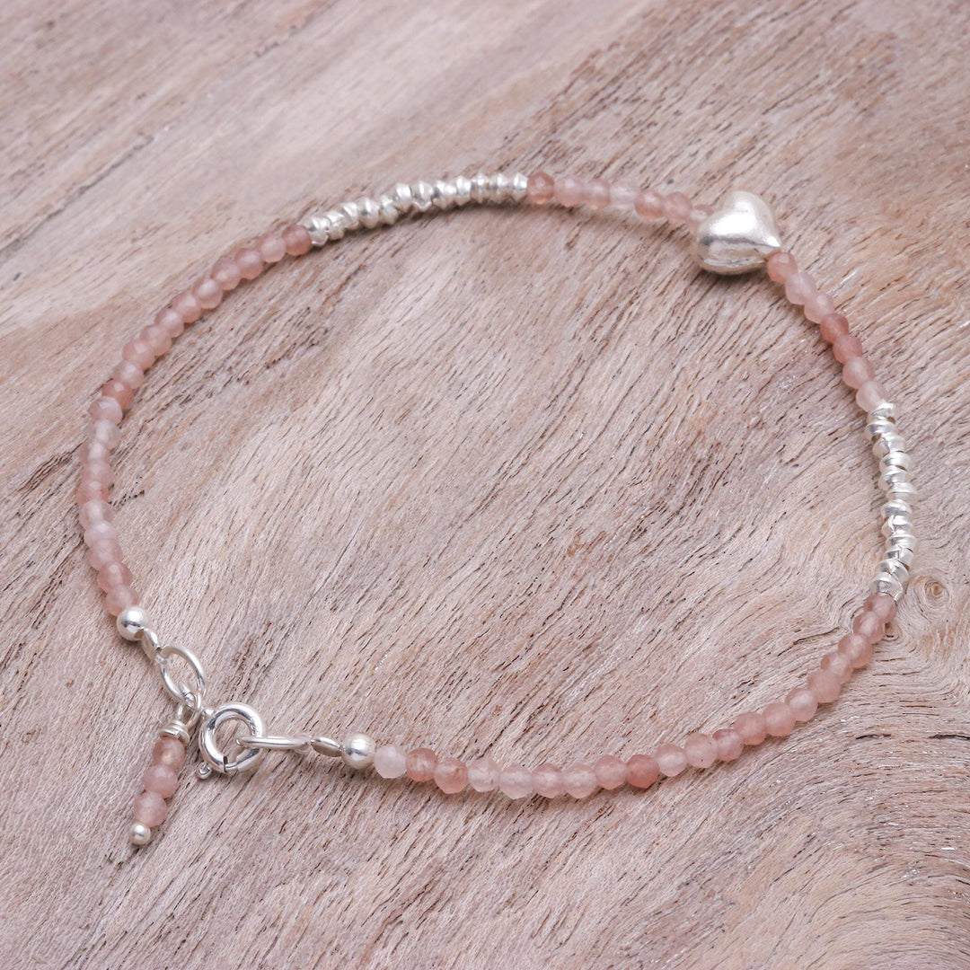 Sunstone and Silver Beaded Heart Bracelet - Love Language in Pink