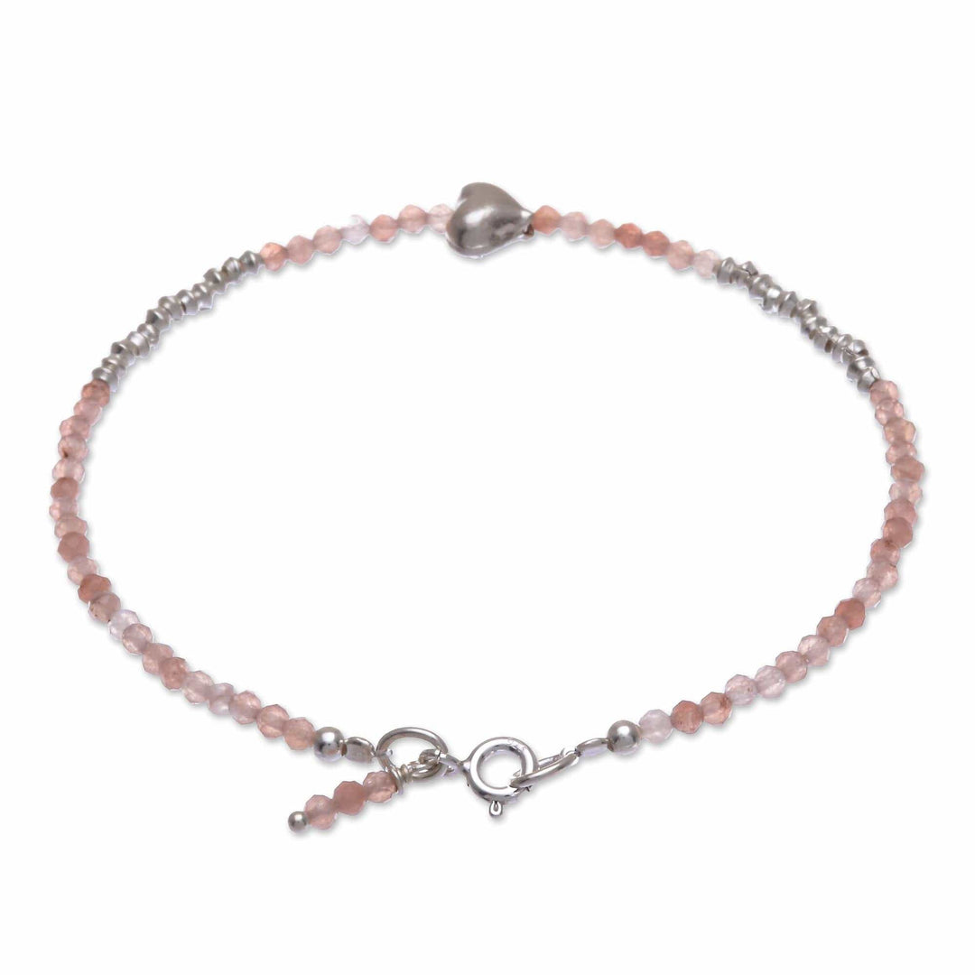 Sunstone and Silver Beaded Heart Bracelet - Love Language in Pink