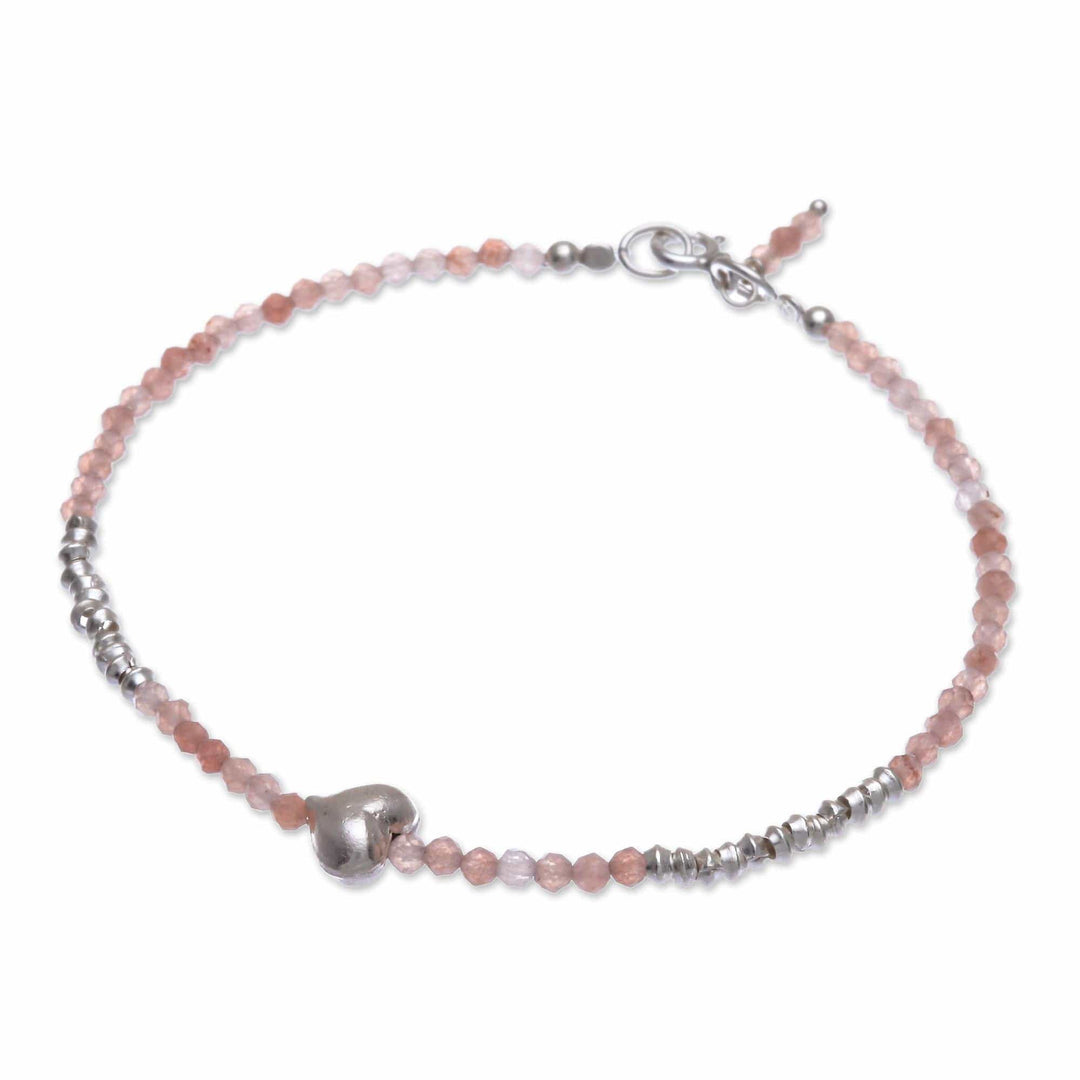 Sunstone and Silver Beaded Heart Bracelet - Love Language in Pink