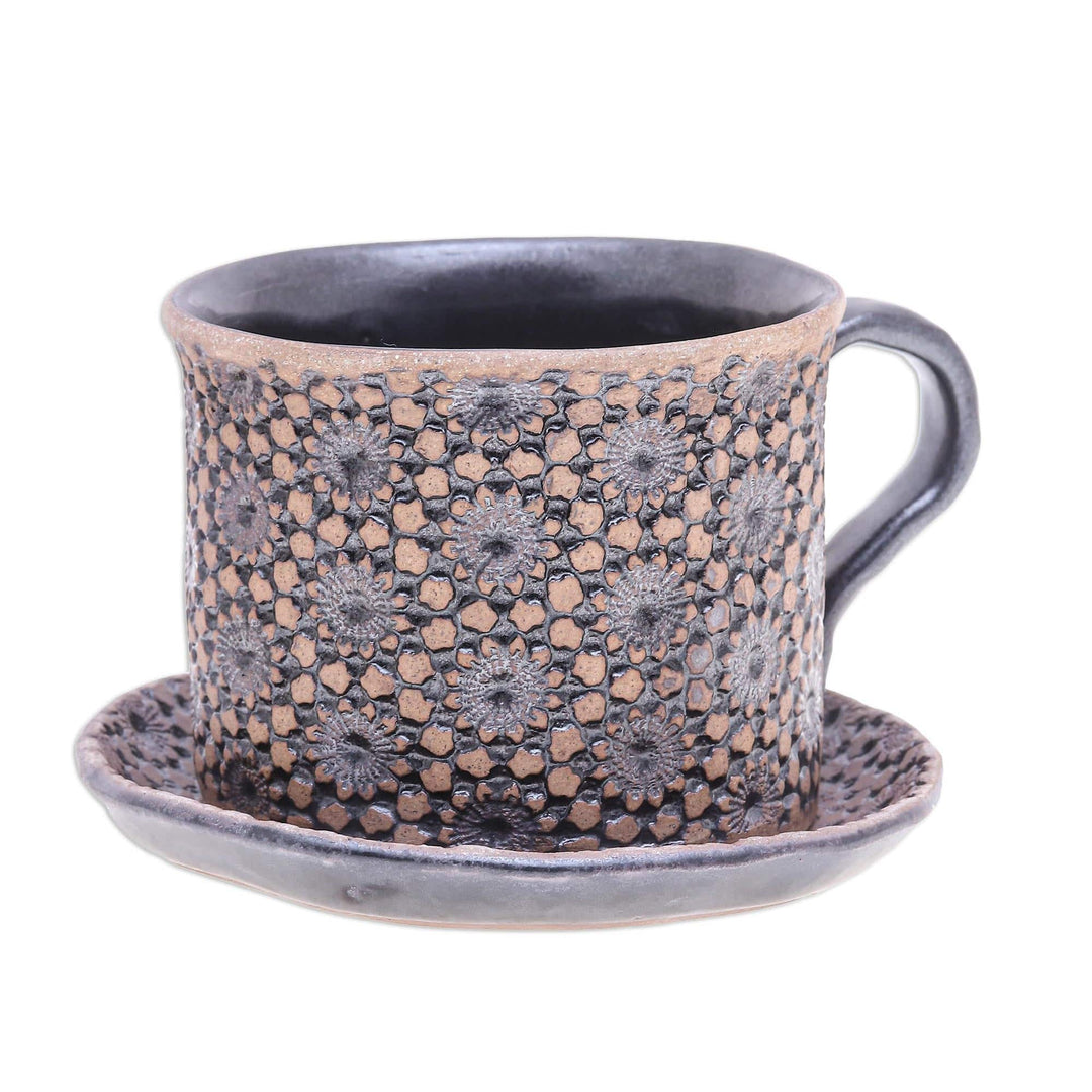 Handcrafted Ceramic Cup and Saucer Set - Natural Bloom in Black