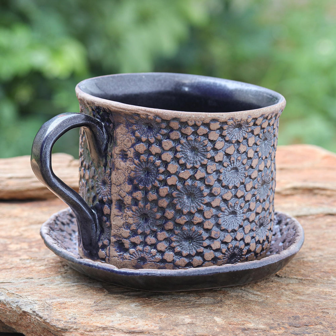 Handcrafted Ceramic Cup and Saucer Set - Natural Bloom in Black