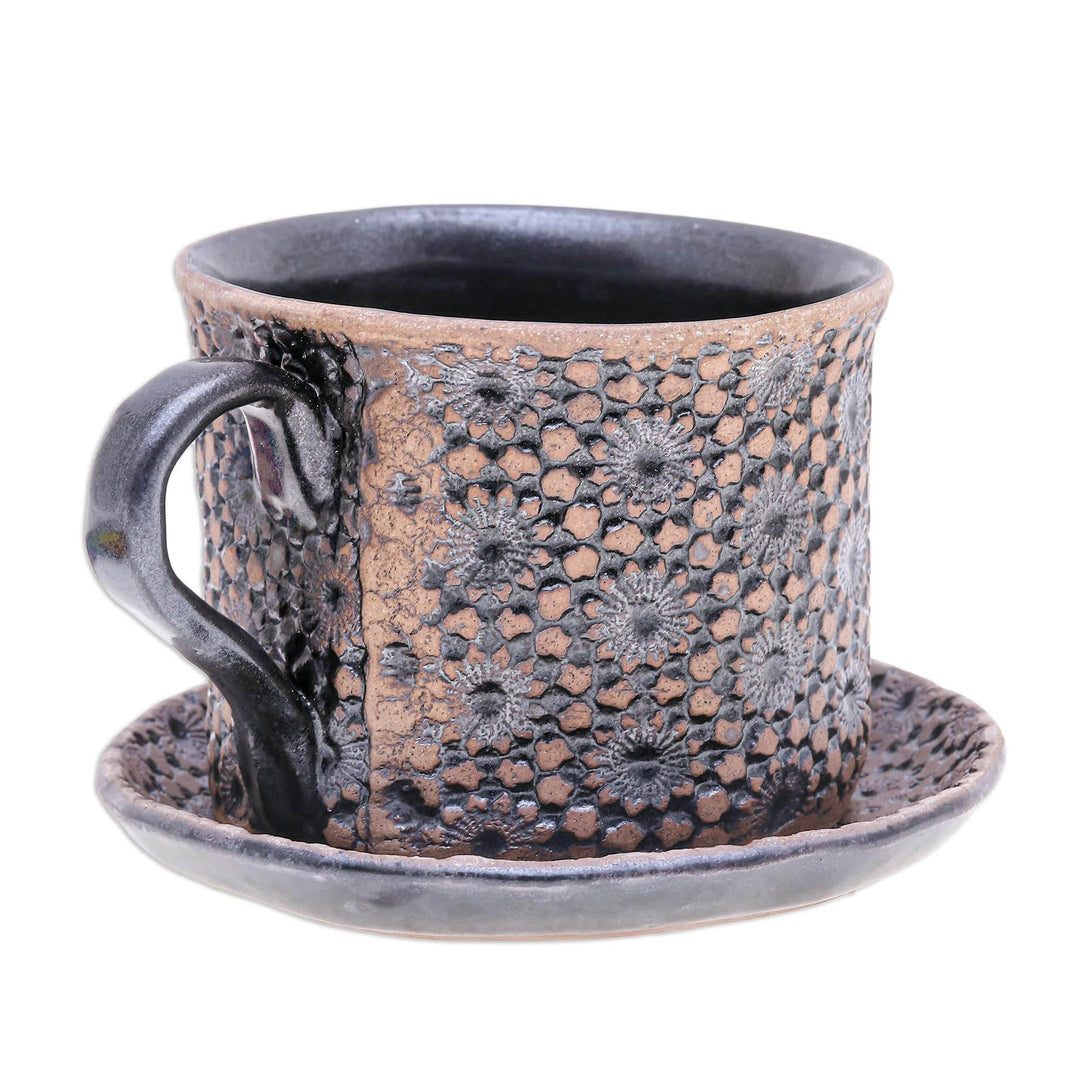 Handcrafted Ceramic Cup and Saucer Set - Natural Bloom in Black
