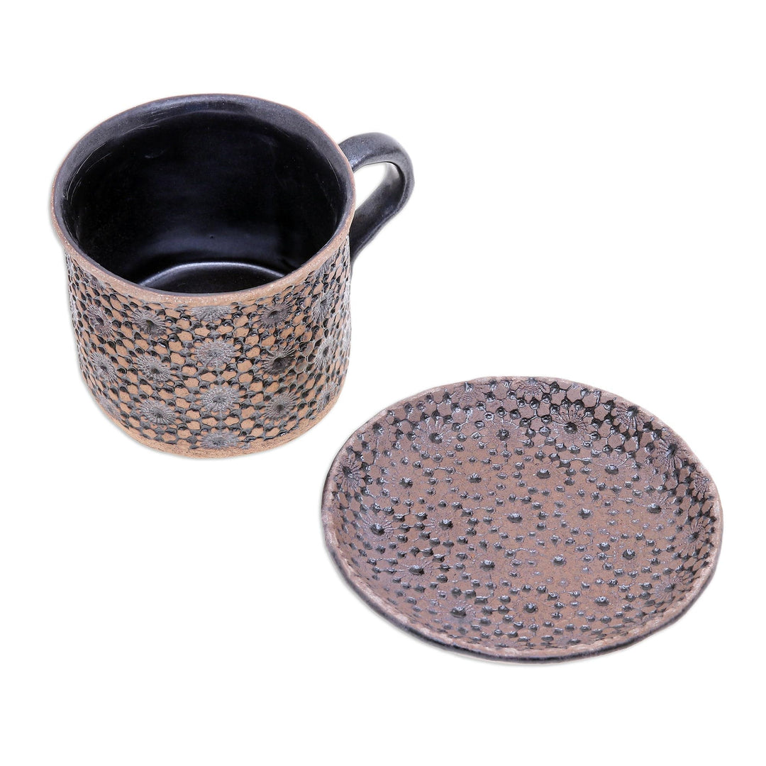 Handcrafted Ceramic Cup and Saucer Set - Natural Bloom in Black