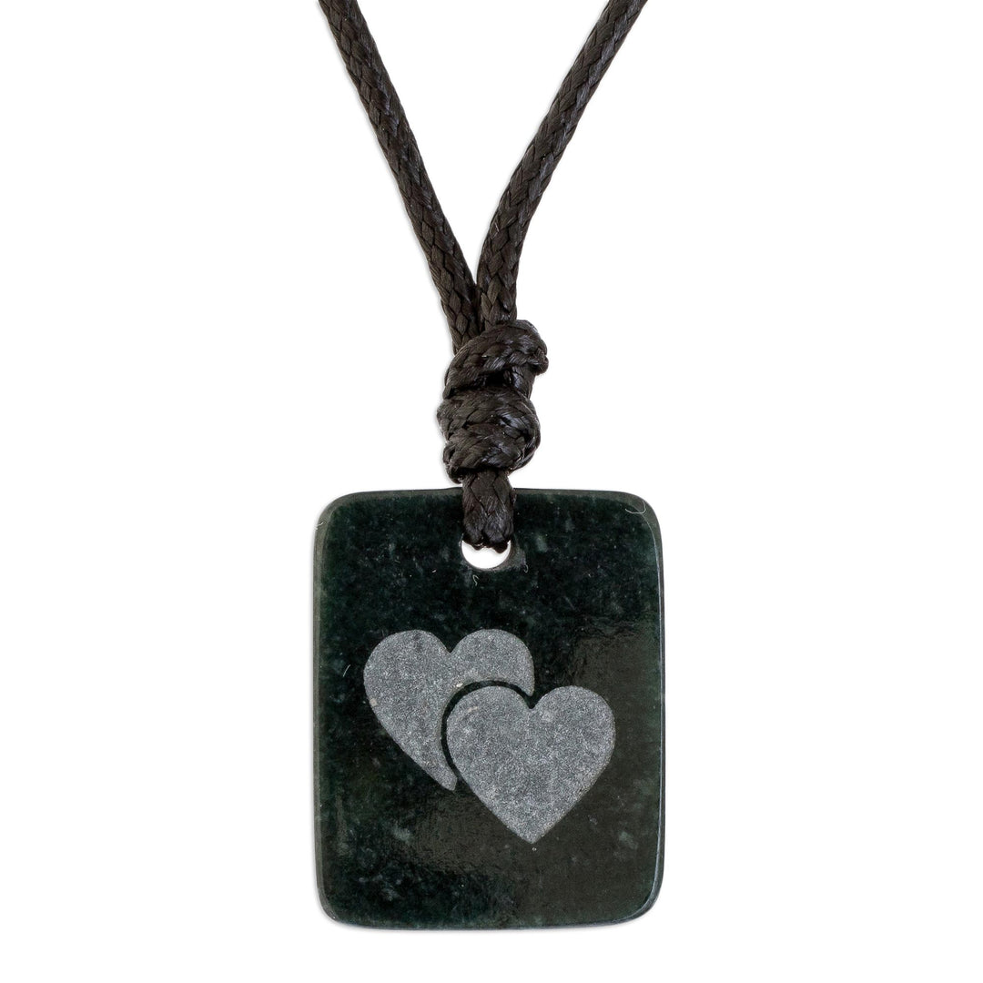 Hearts Pendant Necklace in Dark Green Jade from Guatemala - Close Hearts