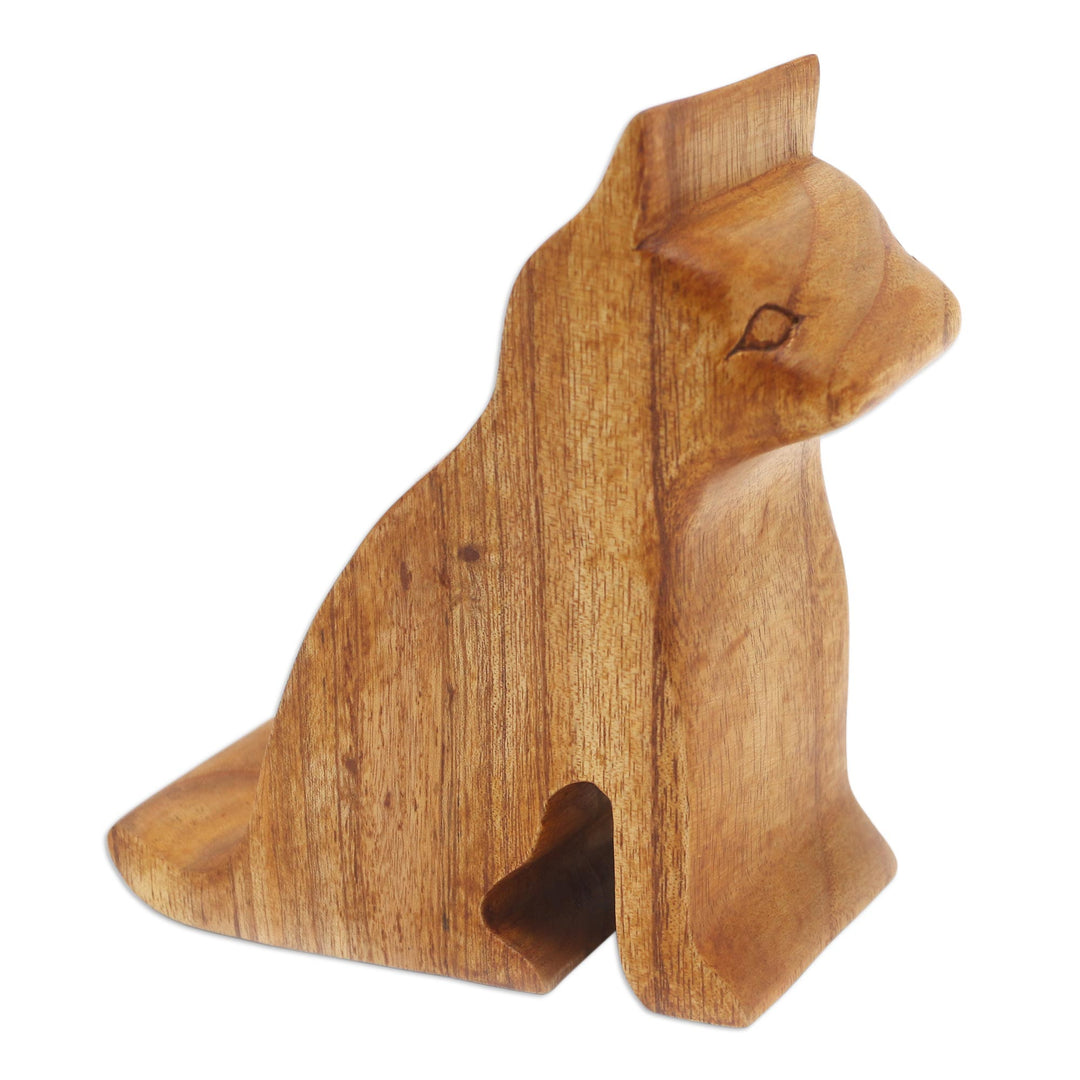 Hand Made Jempinis Wood Cat Phone Stand - Dialing Cat