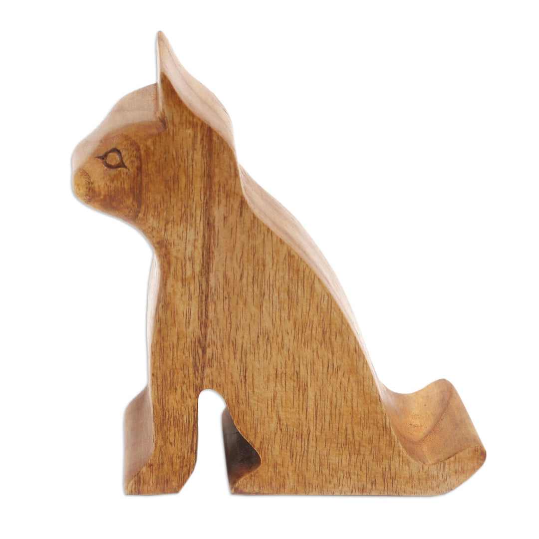 Hand Made Jempinis Wood Cat Phone Stand - Dialing Cat
