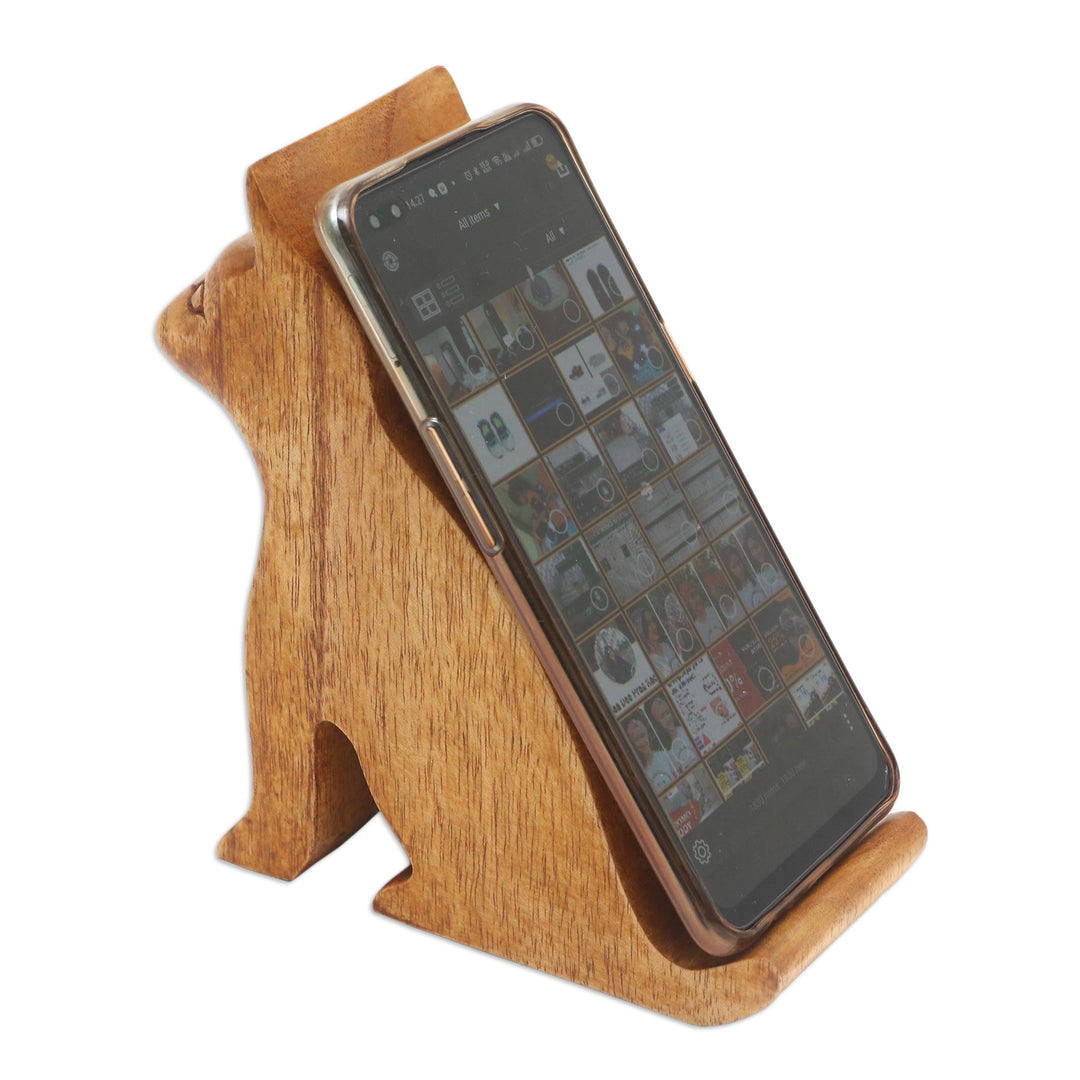 Hand Made Jempinis Wood Cat Phone Stand - Dialing Cat
