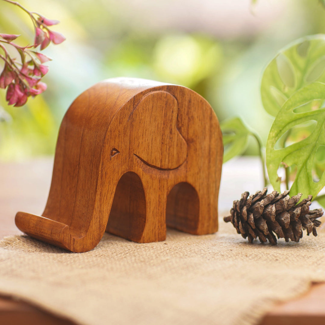Handmade Jempinis Wood Elephant Phone Stand - Dialing Elephant