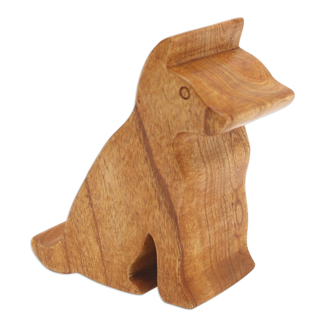 Hand Carved Jempinis Wood Phone Stand - Dialing Dog