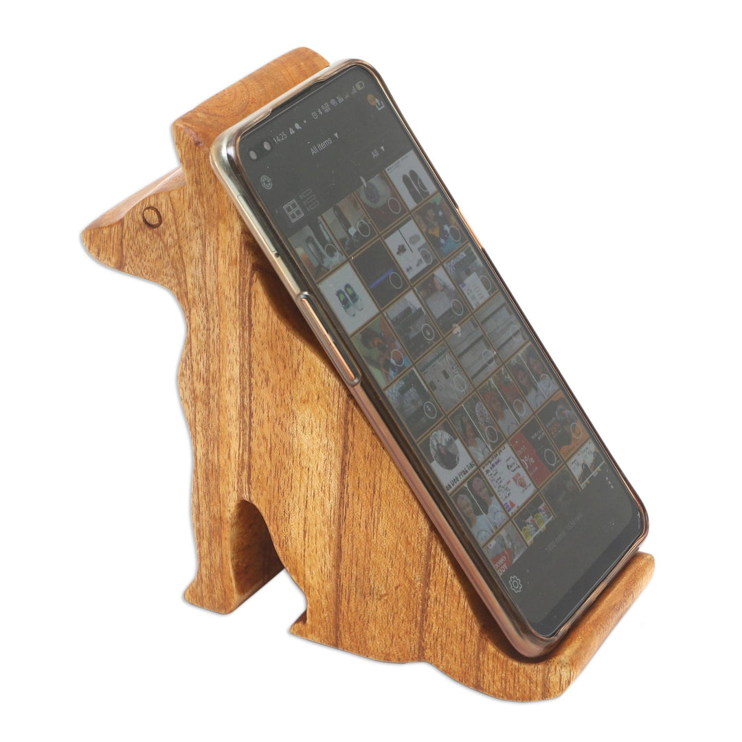 Hand Carved Jempinis Wood Phone Stand - Dialing Dog