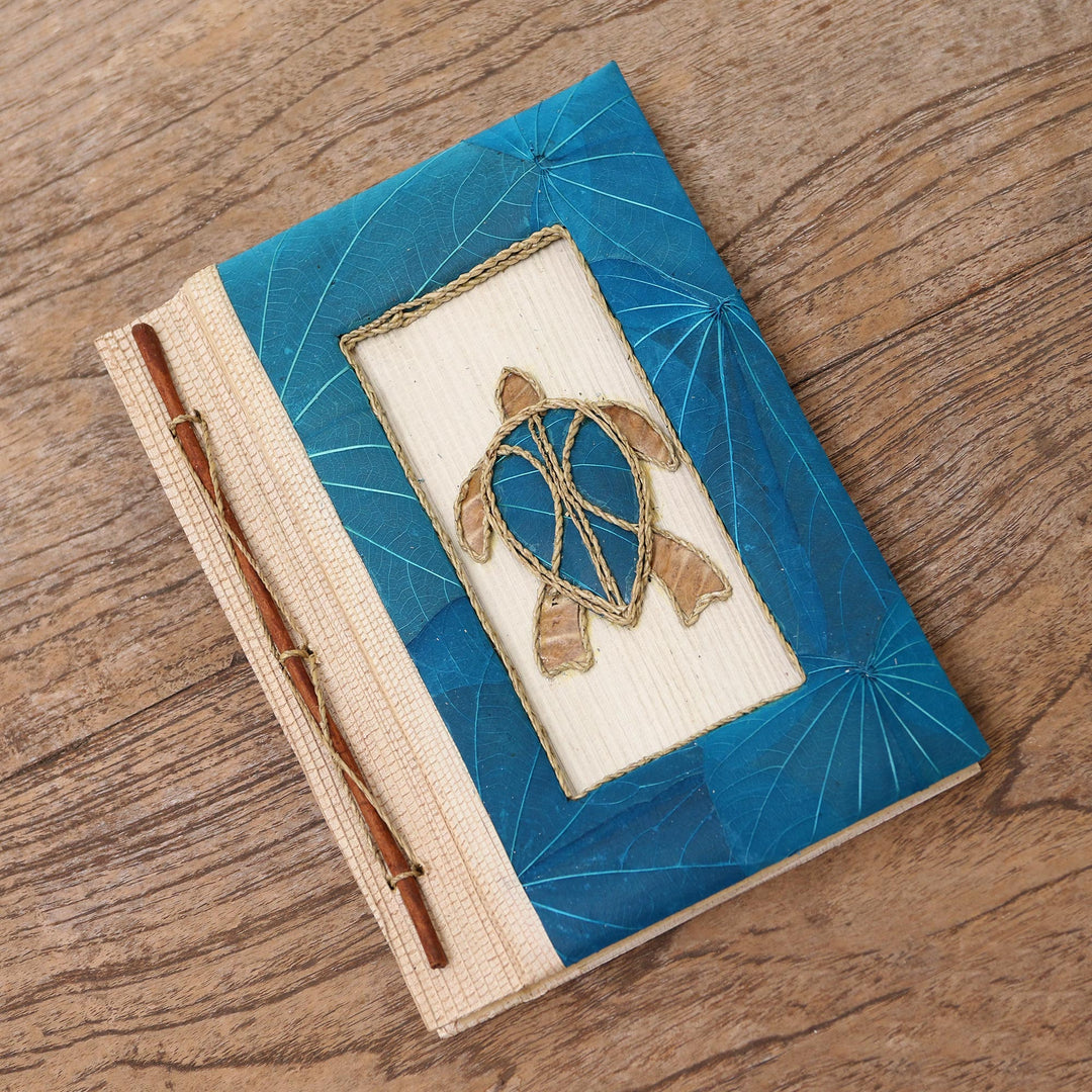 Blue Natural Fiber Turtle-Motif Journal - Tortoise Thoughts in Blue
