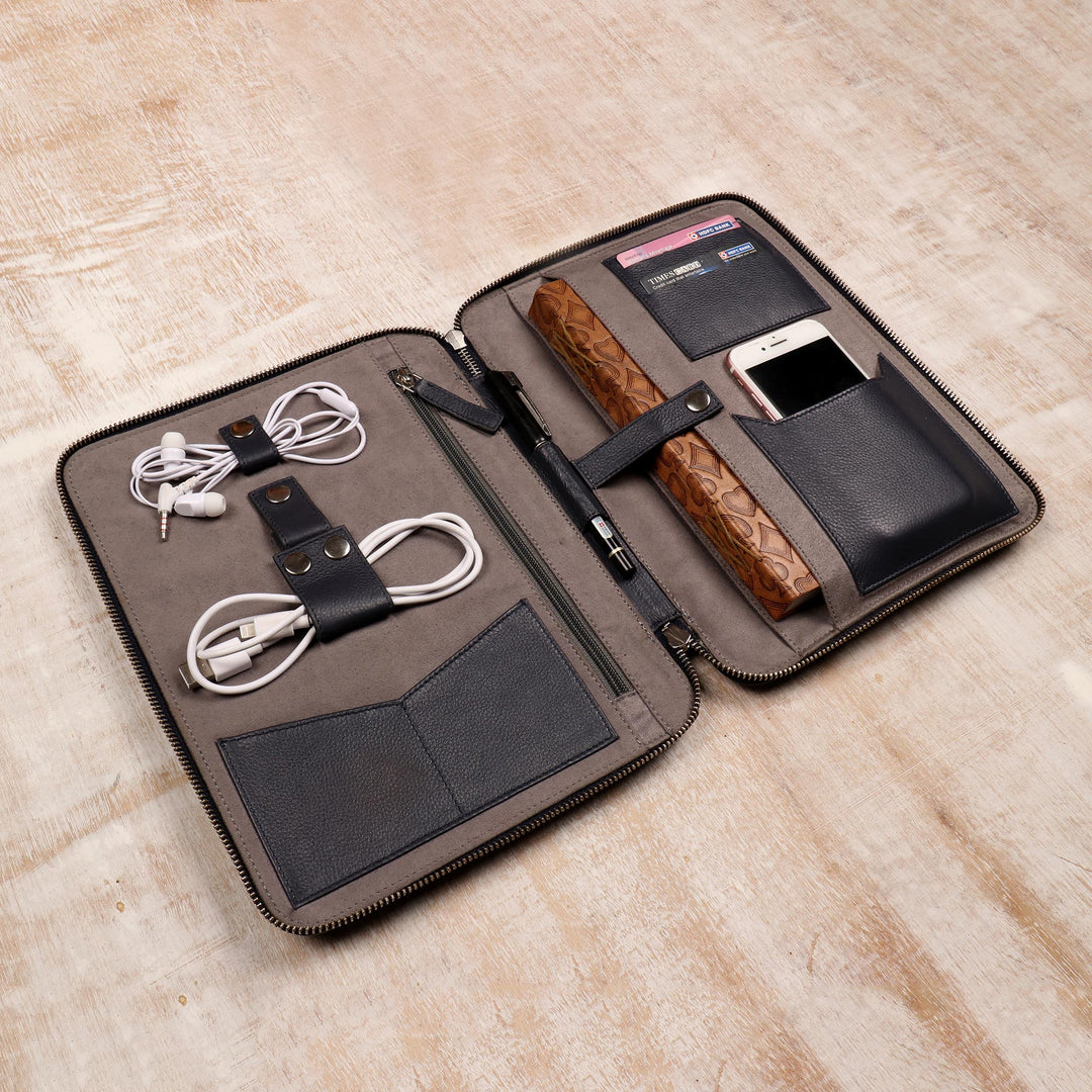 Handcrafted Navy Blue Leather Traveling Office Case - Ultimate Organization