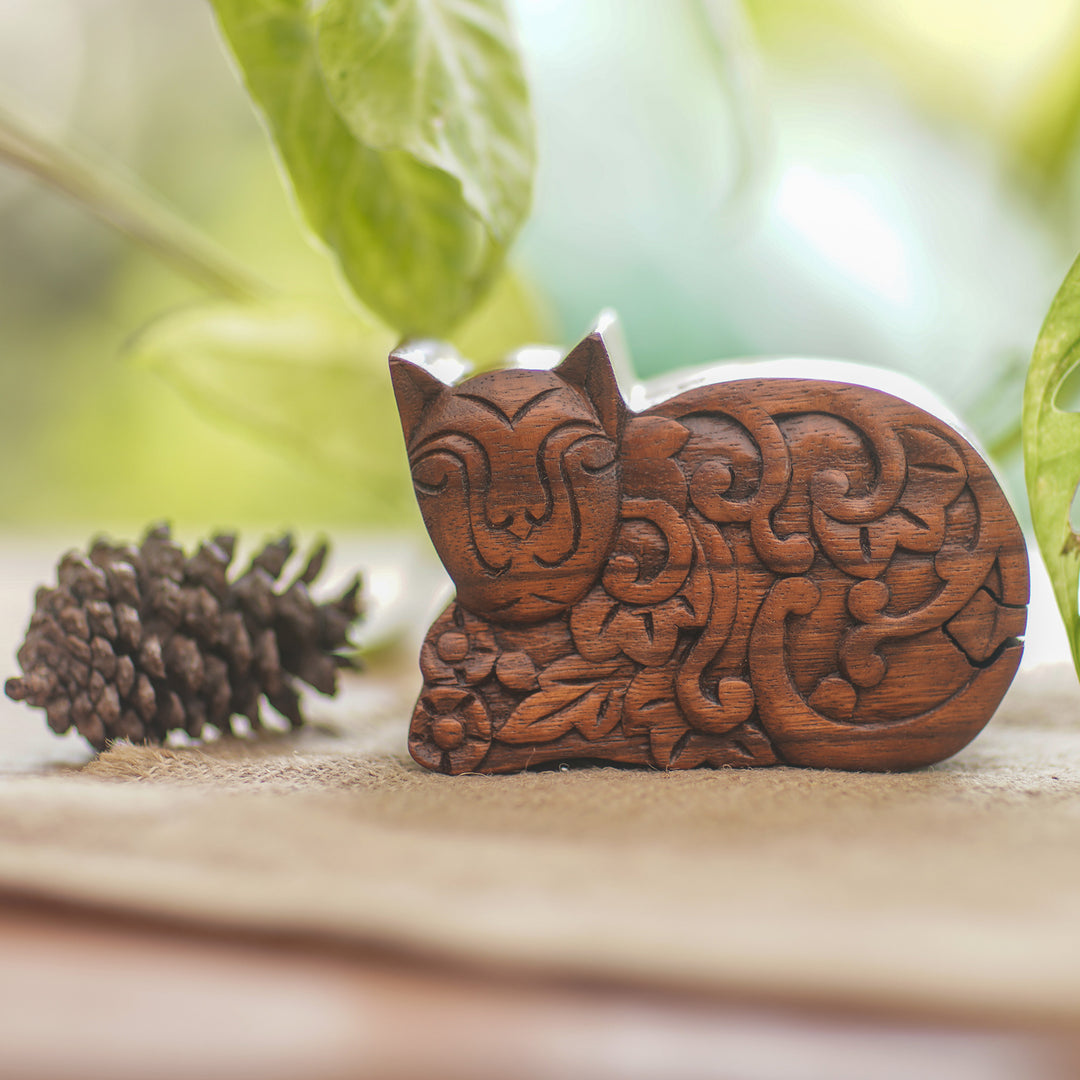 Hand Made Suar Wood Cat Puzzle Box - Sleepy Cat