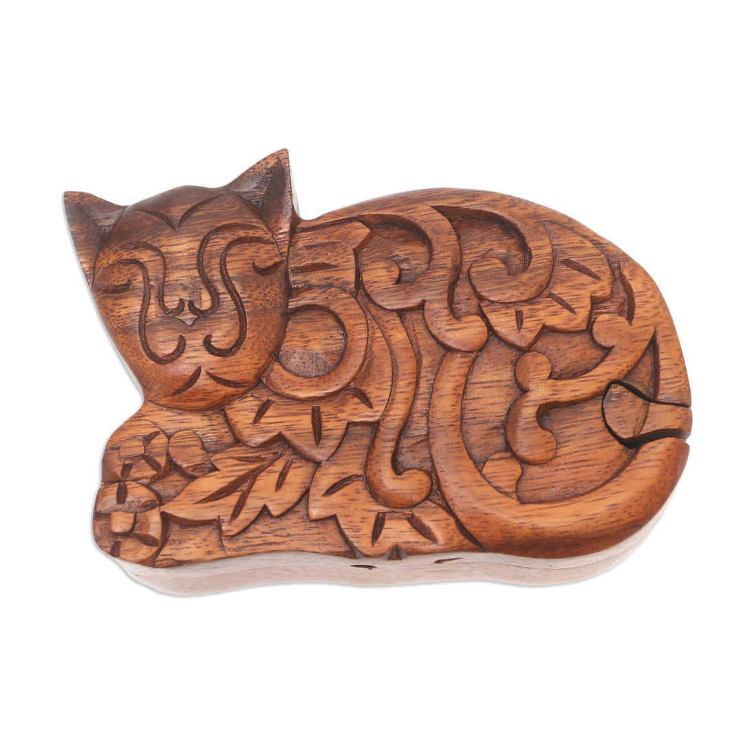 Hand Made Suar Wood Cat Puzzle Box - Sleepy Cat