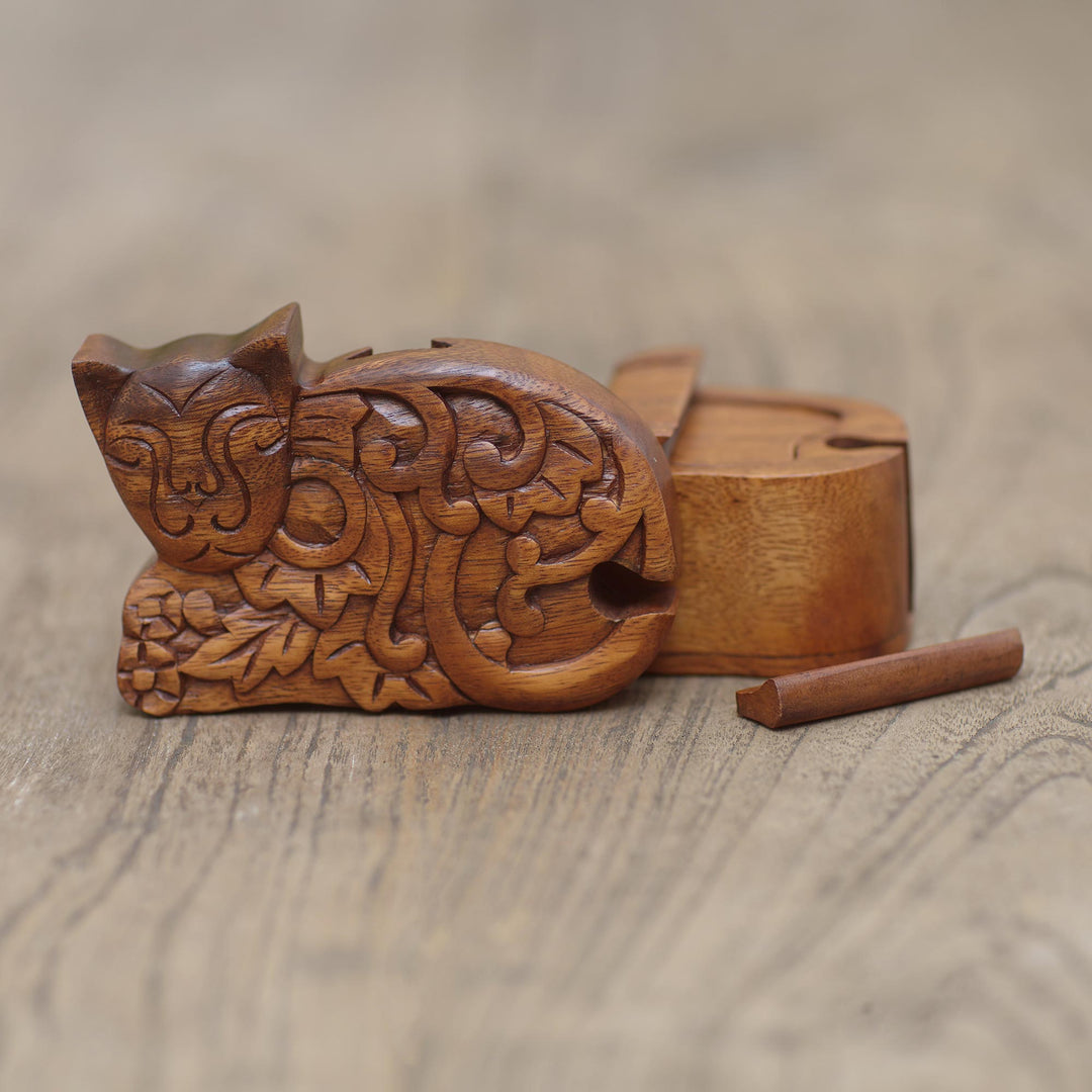 Hand Made Suar Wood Cat Puzzle Box - Sleepy Cat