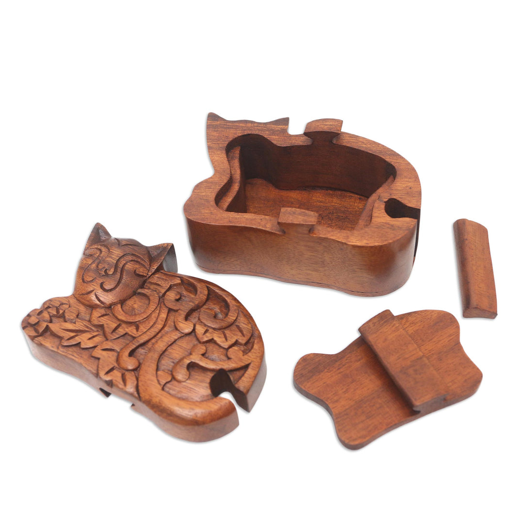 Hand Made Suar Wood Cat Puzzle Box - Sleepy Cat