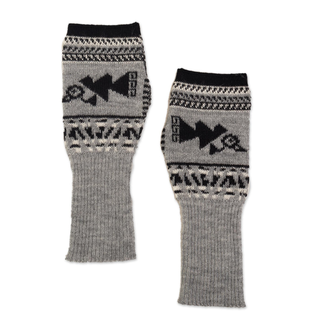 Soft Fingerless Mitts in 100% Baby Alpaca from Peru - Chancay Icons in Grey