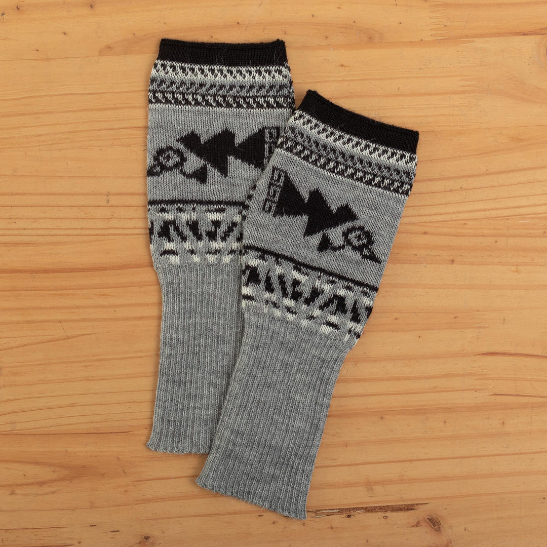Soft Fingerless Mitts in 100% Baby Alpaca from Peru - Chancay Icons in Grey