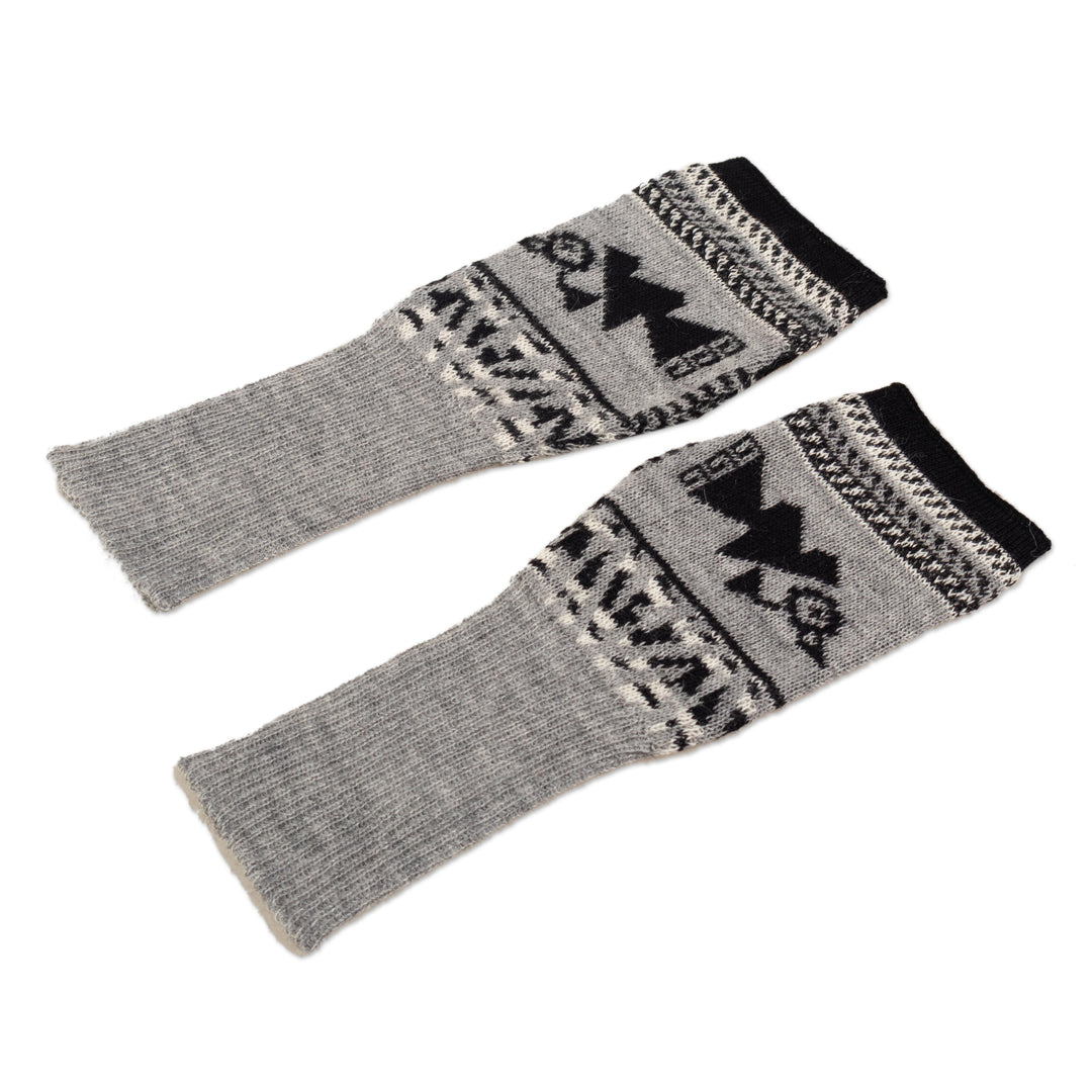 Soft Fingerless Mitts in 100% Baby Alpaca from Peru - Chancay Icons in Grey