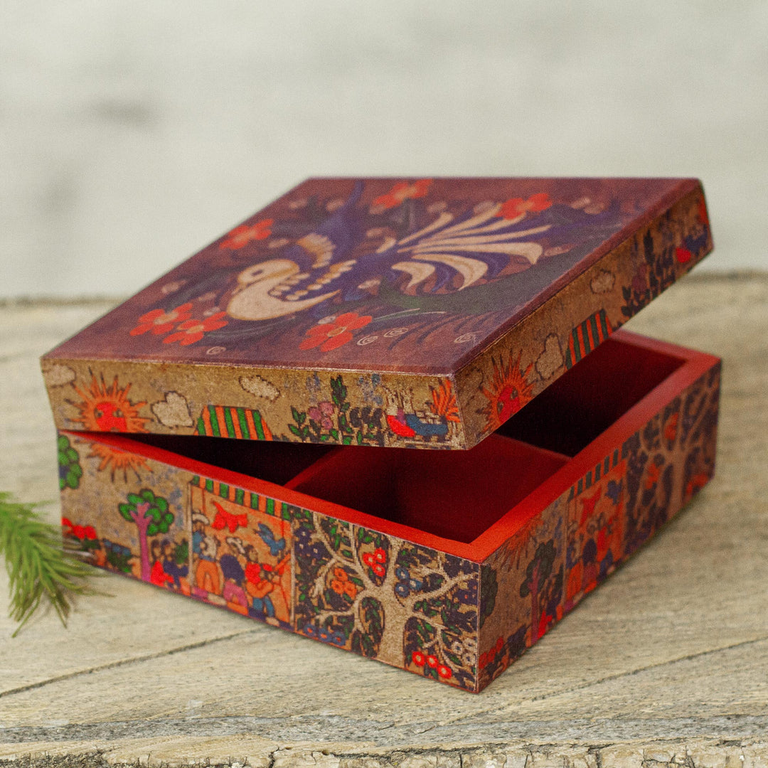Bird-Themed Handcrafted Decoupage Pine Wood Jewelry Box - Folk Art Dove