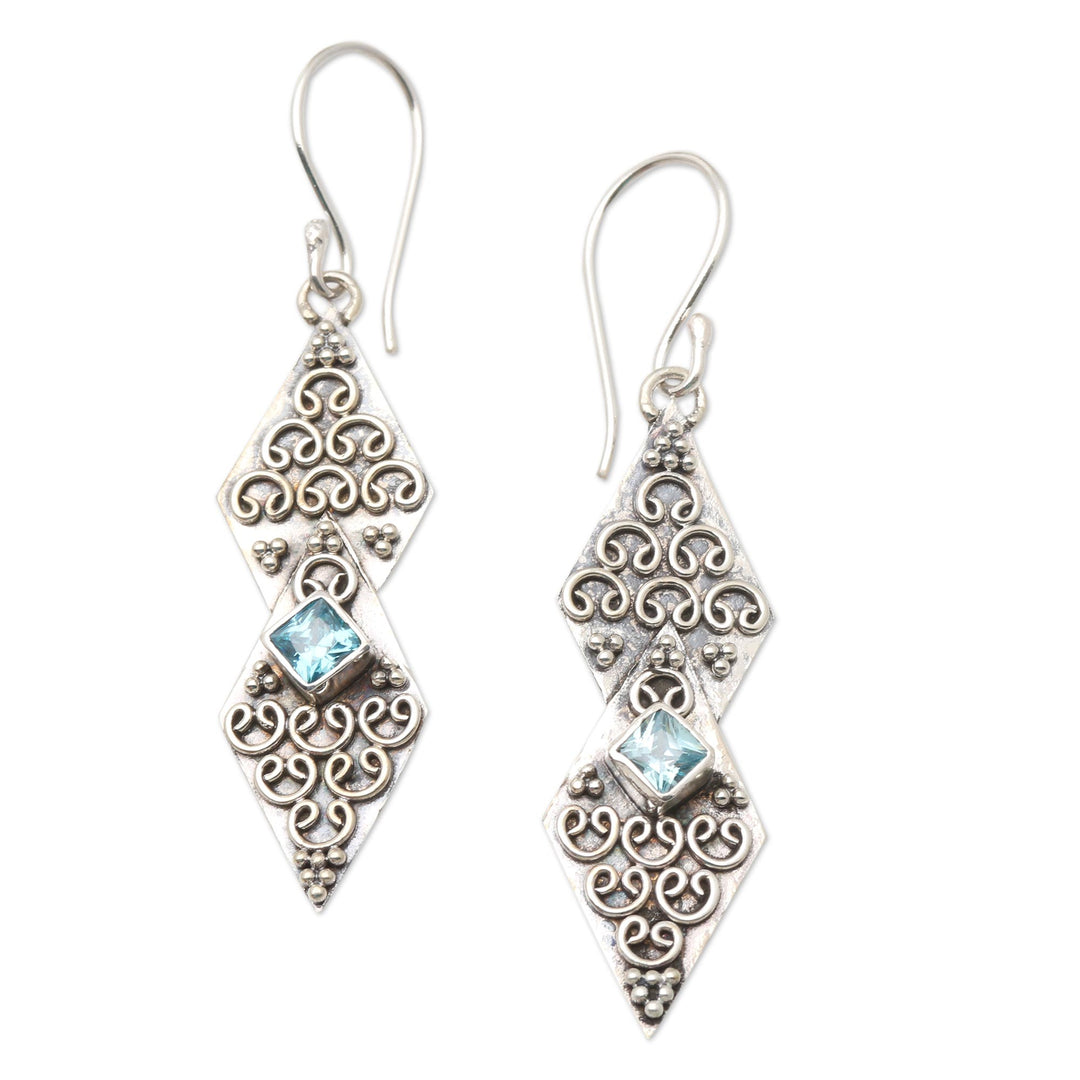 Sterling Silver and Blue Topaz Dangle Earrings - Double Kite in Blue