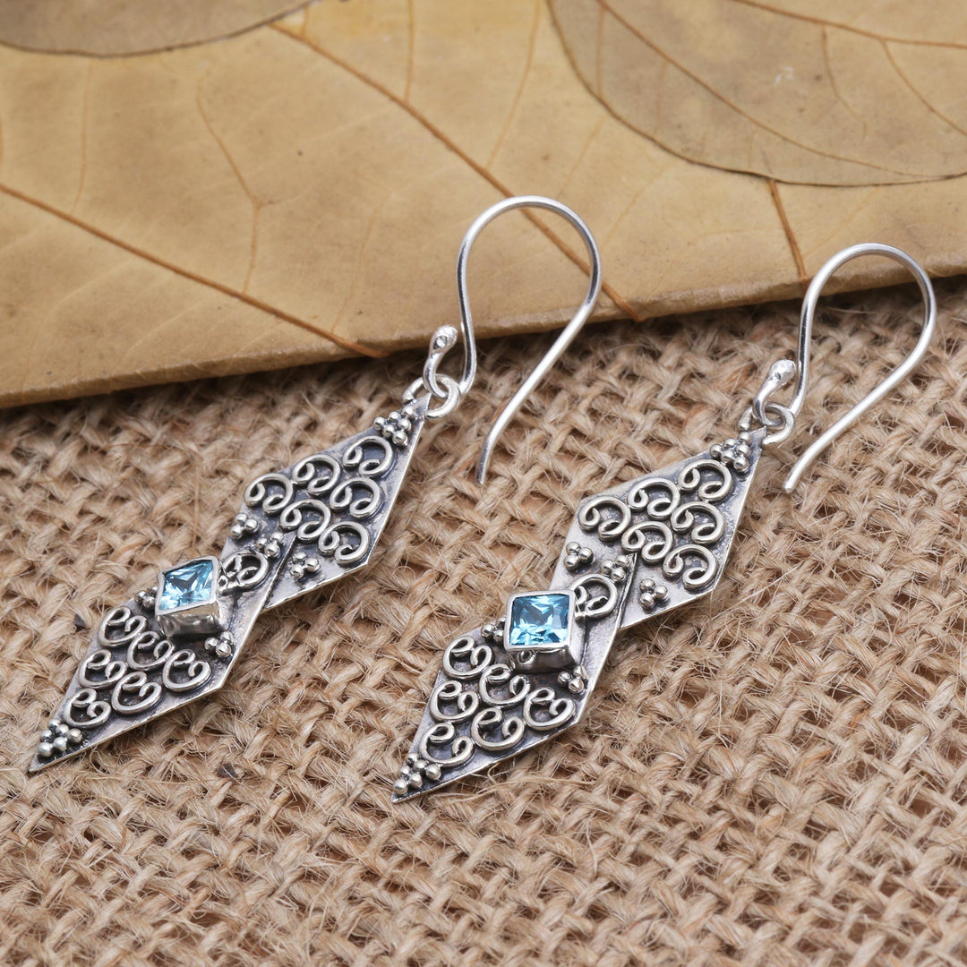 Sterling Silver and Blue Topaz Dangle Earrings - Double Kite in Blue
