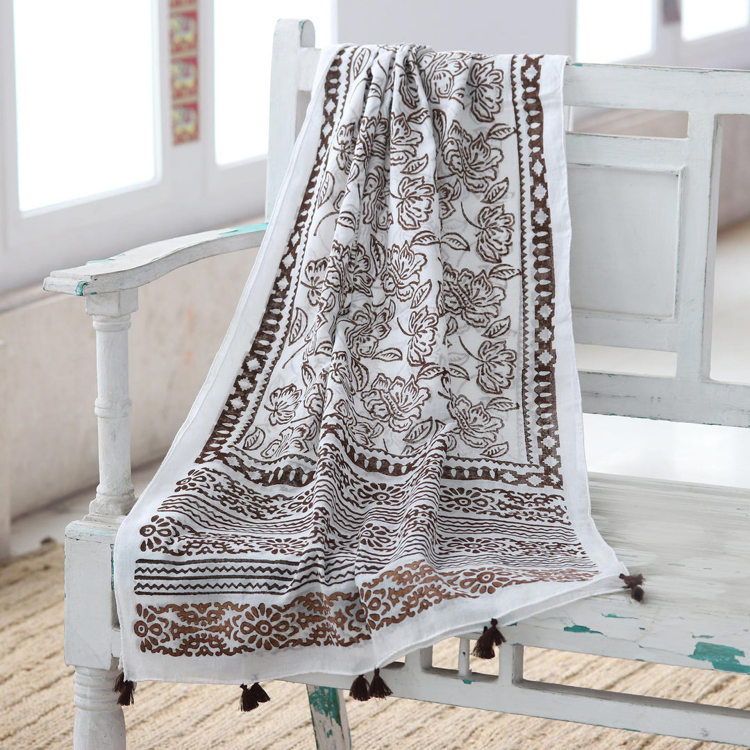 Indian Block-Printed Cotton Shawl - Buoyant Blossom