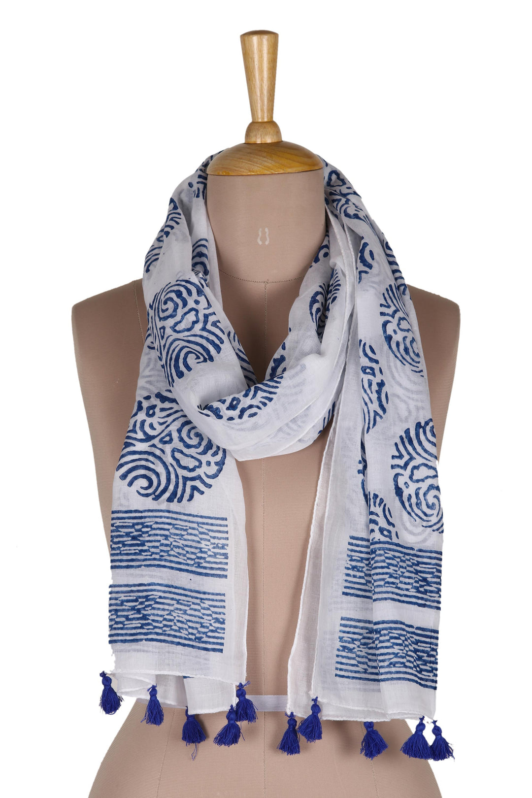 Block-Printed Blue and White Cotton Shawl - Royal Orbs