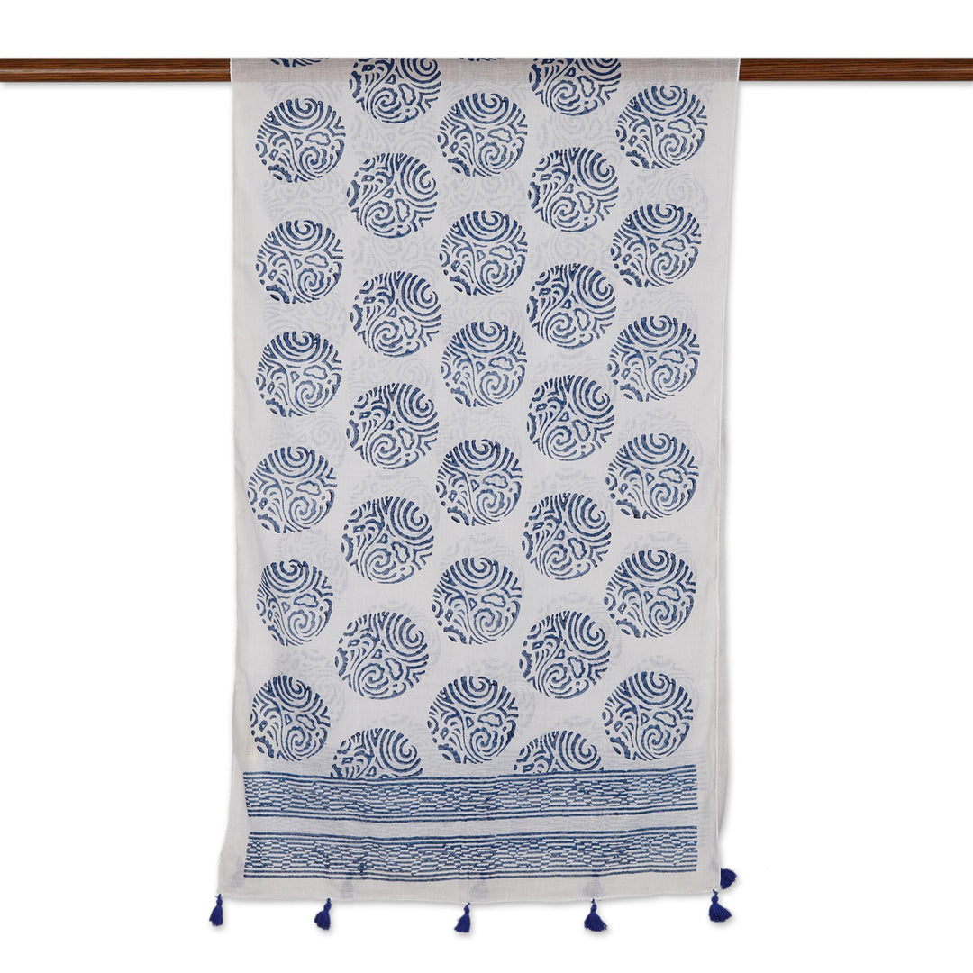 Block-Printed Blue and White Cotton Shawl - Royal Orbs