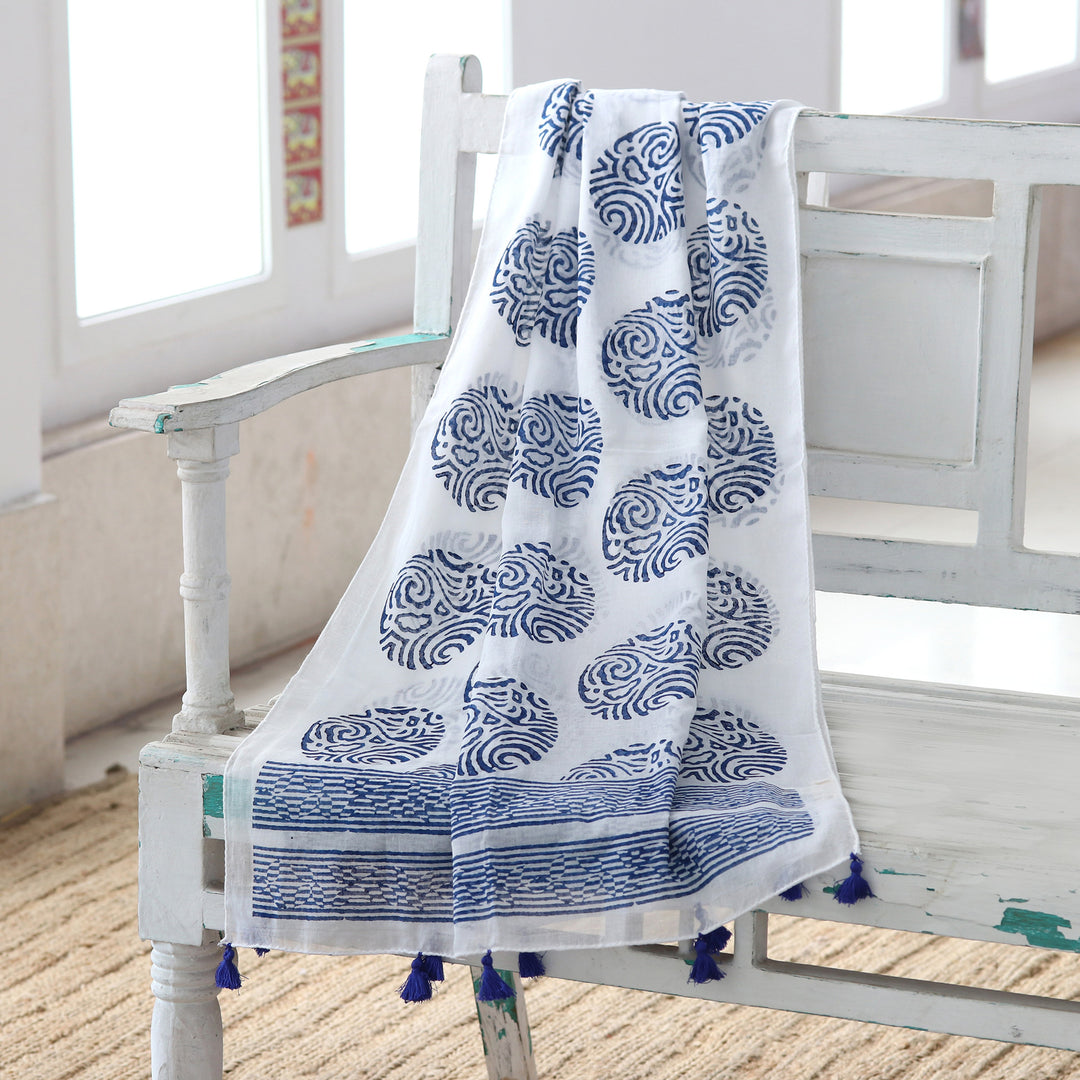 Block-Printed Blue and White Cotton Shawl - Royal Orbs