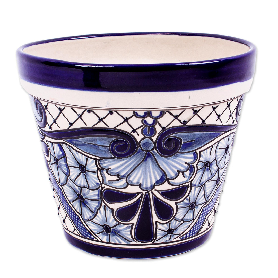Blue and Off-White Ceramic Flower Pot (7.5 Inch Diameter) - Cobalt Garden