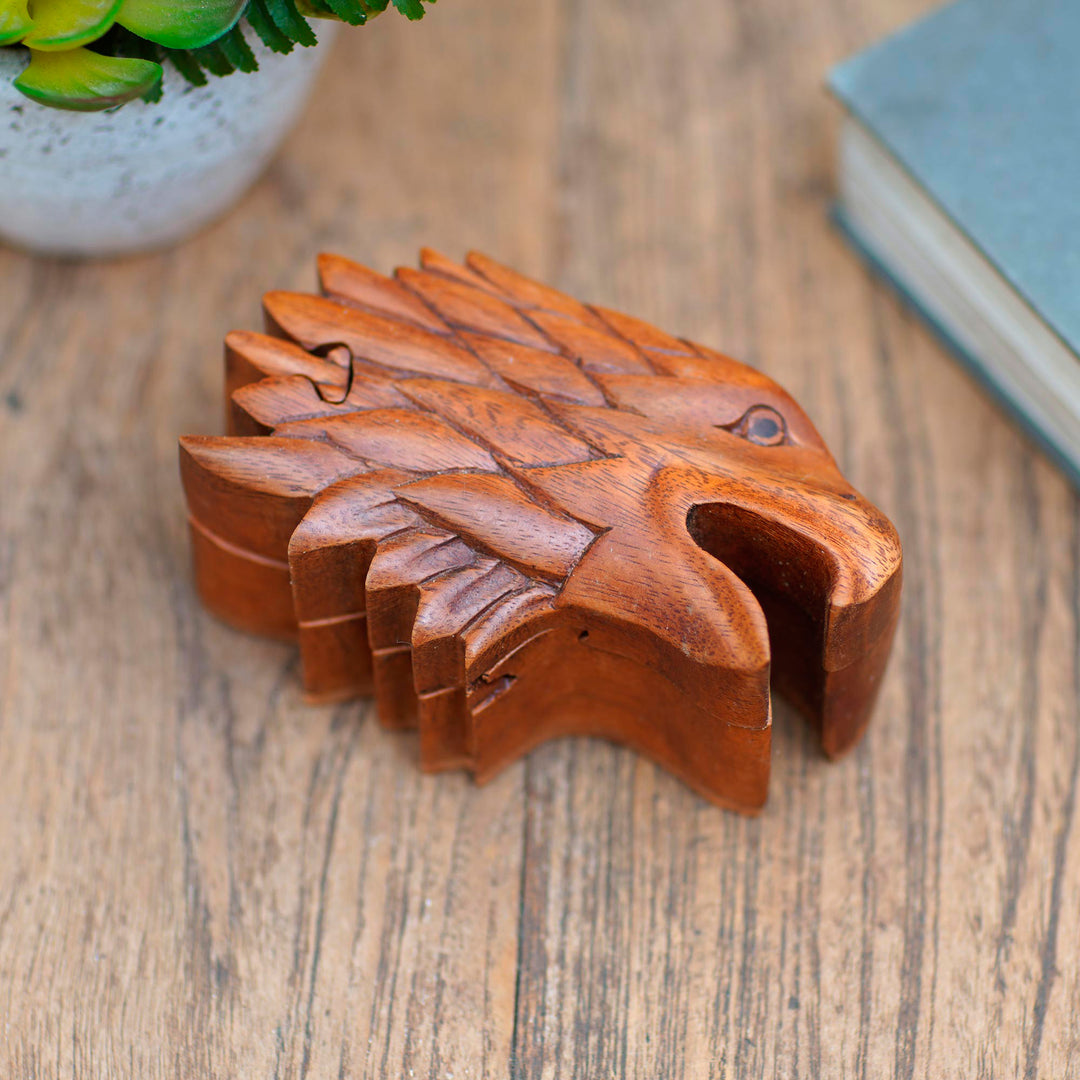 Suar Wood Eagle-Motif Puzzle Box - Eagle Feathers
