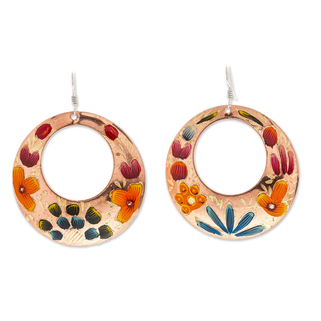 Reclaimed Copper Hand Painted Dangle Earrings from Mexico - Floral Wreath