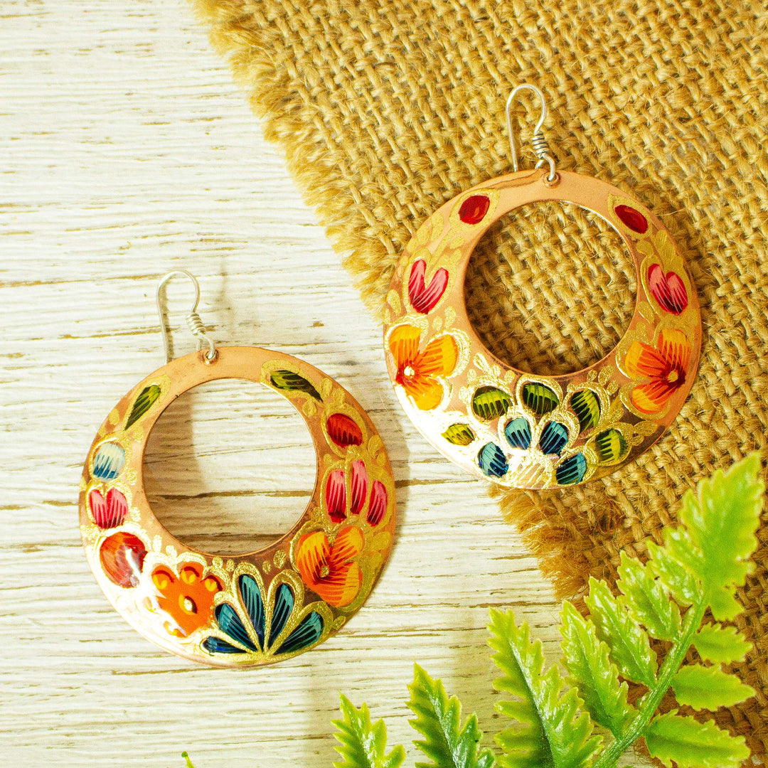 Reclaimed Copper Hand Painted Dangle Earrings from Mexico - Floral Wreath