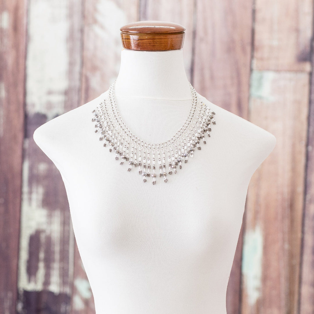 Grey and Clear Beaded Waterfall Necklace - Symphony of Color in Grey