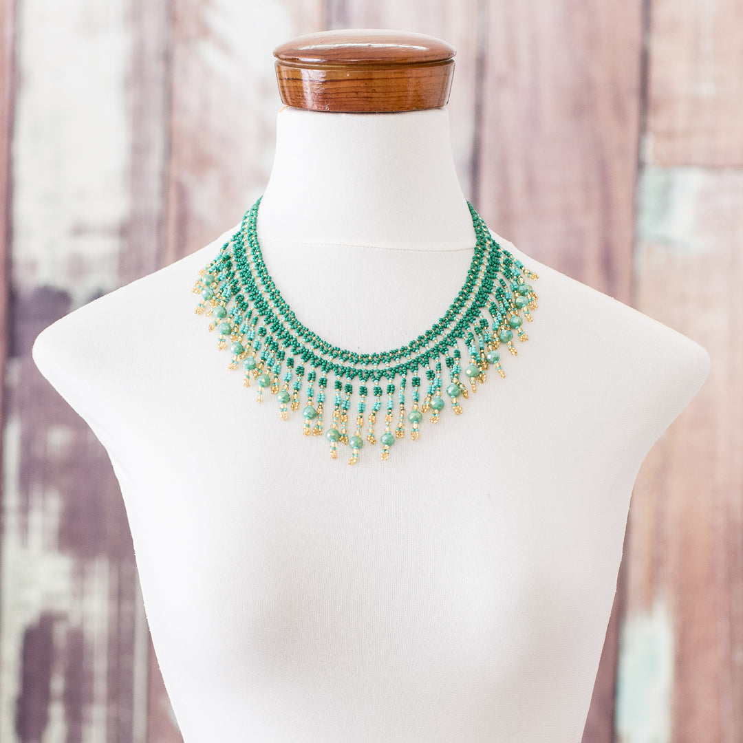 Green Beaded Waterfall Necklace - Symphony of Color in Green