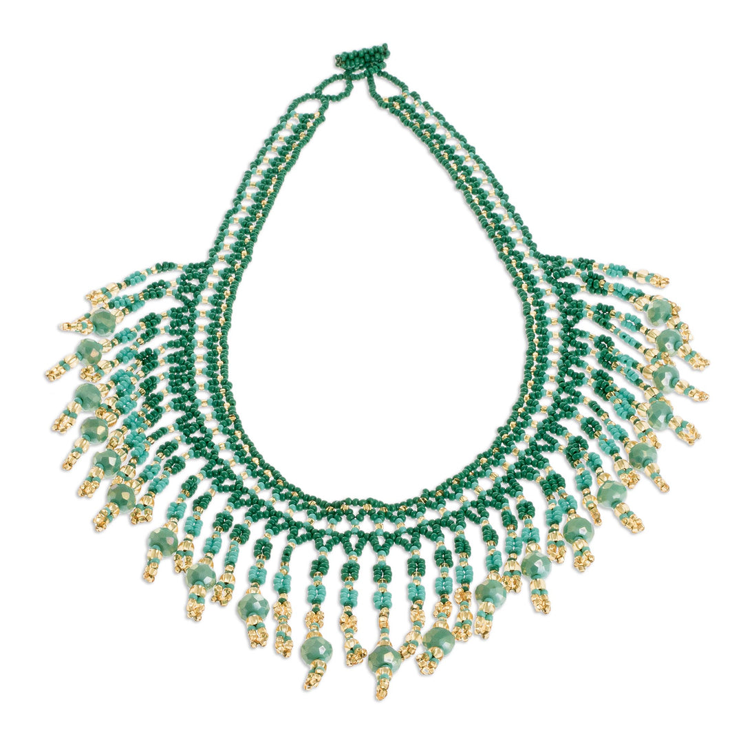 Green Beaded Waterfall Necklace - Symphony of Color in Green