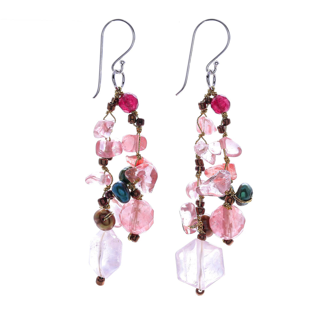 Rose Quartz and Cultured Pearl Dangle Earrings - Translucent Rose