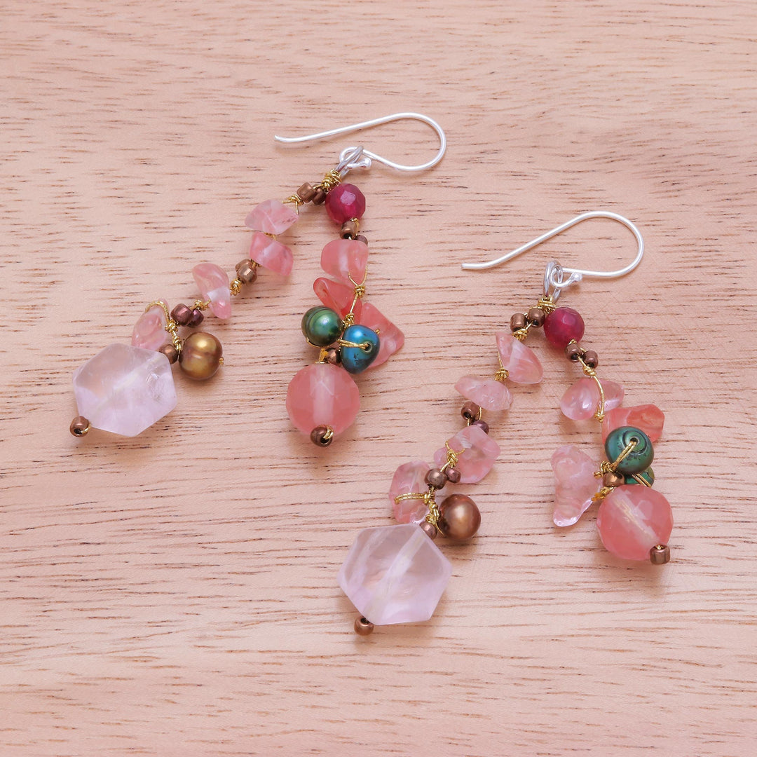 Rose Quartz and Cultured Pearl Dangle Earrings - Translucent Rose