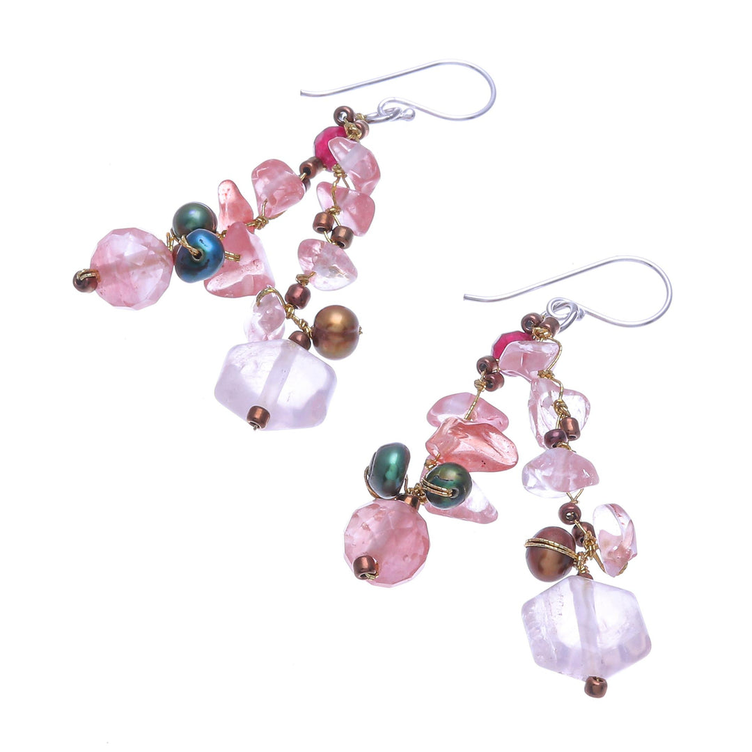 Rose Quartz and Cultured Pearl Dangle Earrings - Translucent Rose