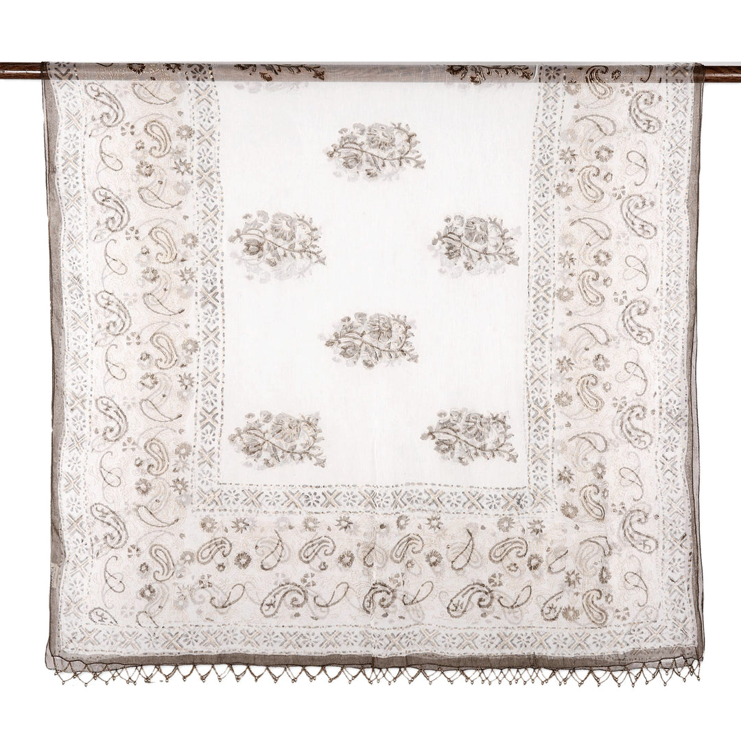 Block-Printed Leaf and Floral-Motif Beaded Shawl - Chocolate Fantasy