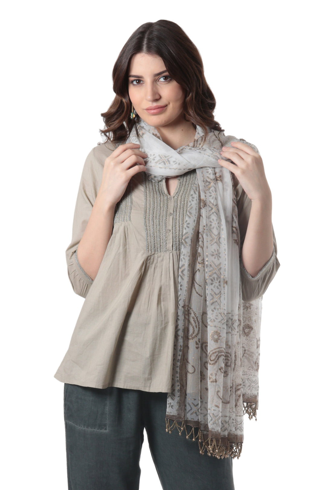 Block-Printed Leaf and Floral-Motif Beaded Shawl - Chocolate Fantasy