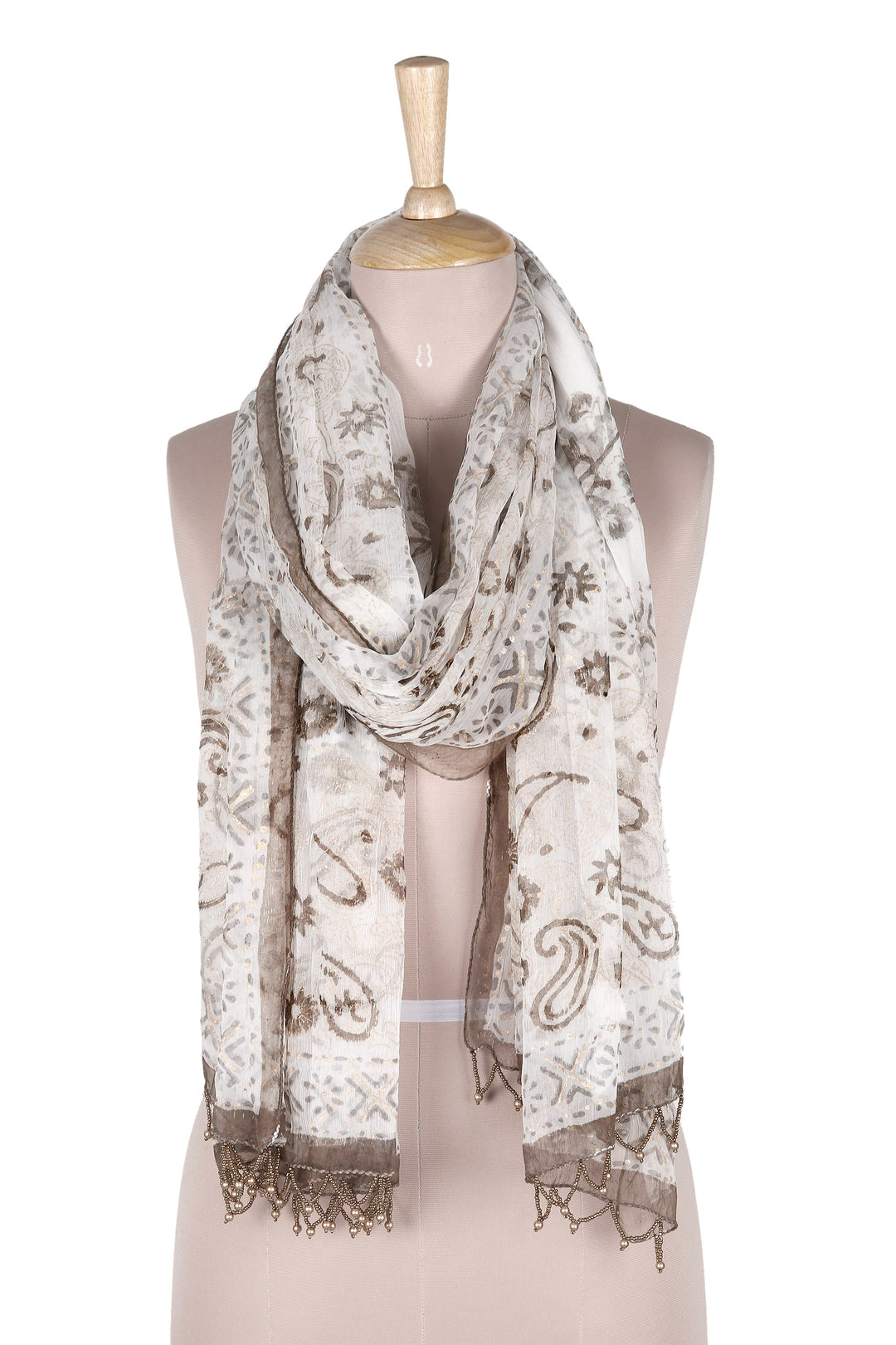 Block-Printed Leaf and Floral-Motif Beaded Shawl - Chocolate Fantasy