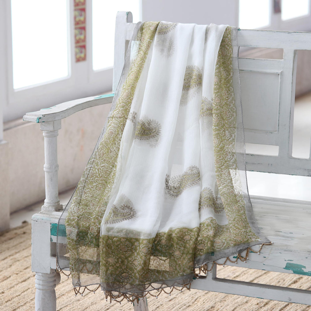 Block-Printed Green and White Viscose Shawl - Deep Green Dreams