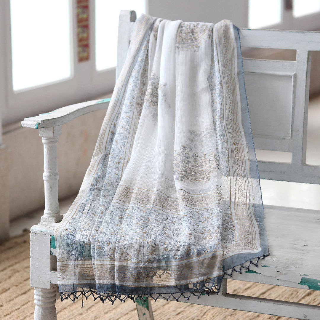 Block-Printed Paisley-Motif Viscose Shawl - Grey Paisley