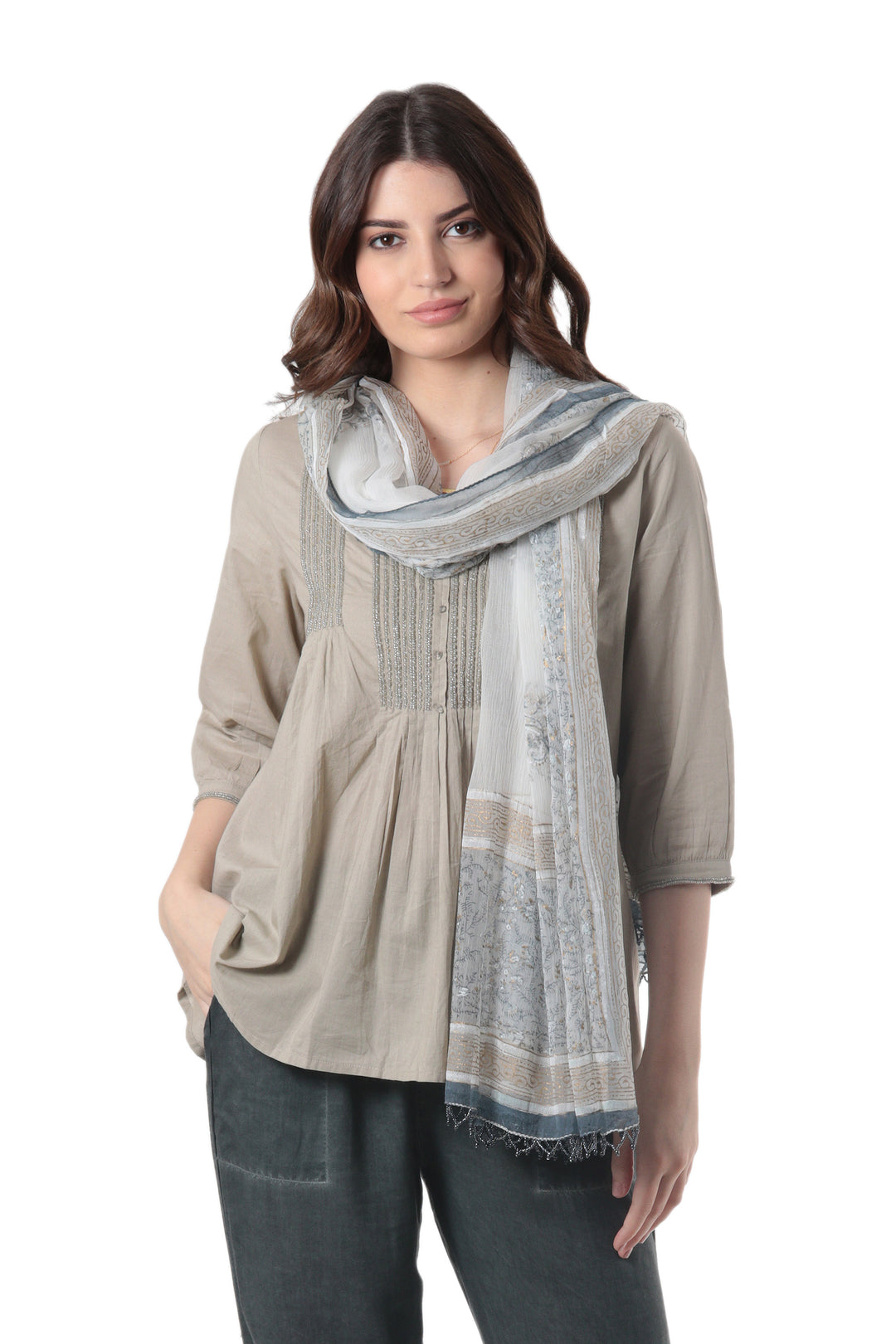 Block-Printed Paisley-Motif Viscose Shawl - Grey Paisley